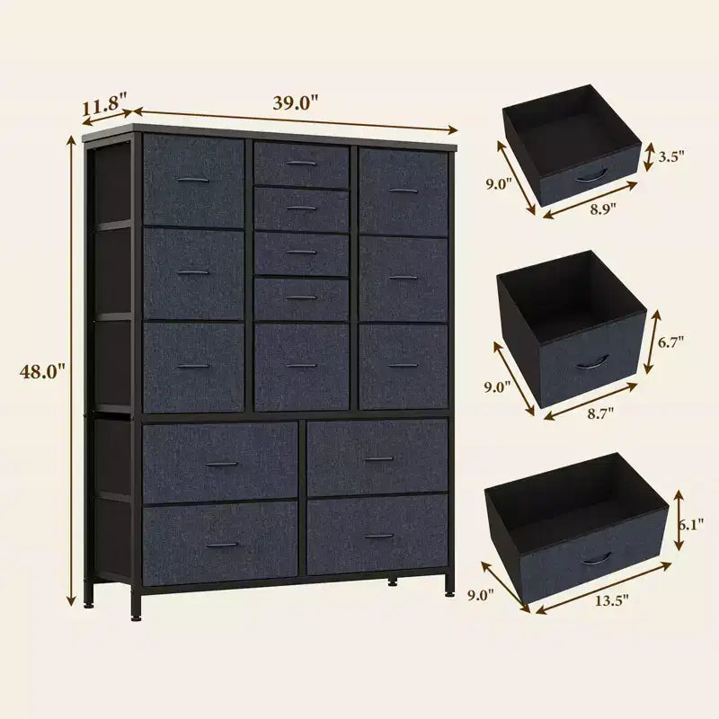 Cassettiera in tessuto alta 122 cm con 15 cassetti e struttura in acciaio e piano in legno, comò robusto per camera da letto, armadio, corridoio, soggiorno
