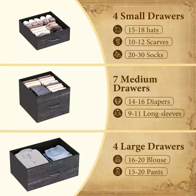 Cassettiera in tessuto alta 122 cm con 15 cassetti e struttura in acciaio e piano in legno, comò robusto per camera da letto, armadio, corridoio, soggiorno