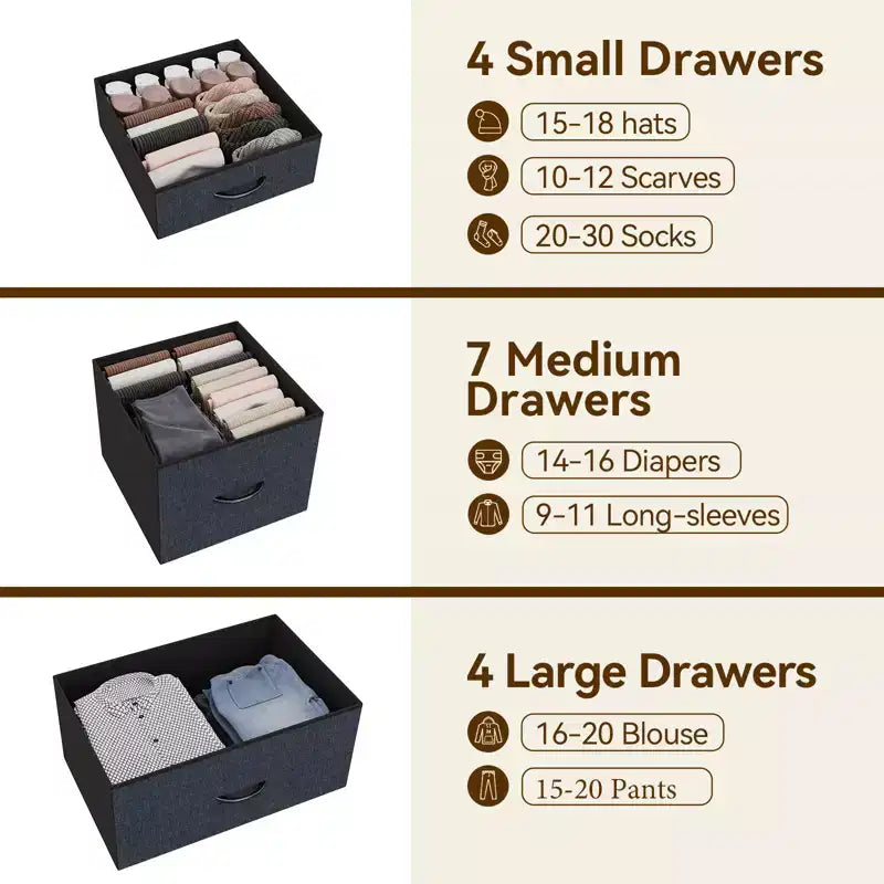 Cassettiera in tessuto alta 122 cm con 15 cassetti e struttura in acciaio e piano in legno, comò robusto per camera da letto, armadio, corridoio, soggiorno