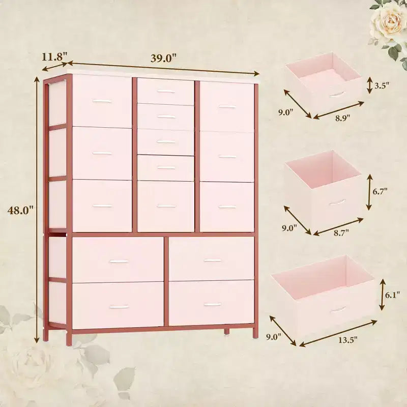 Cassettiera in tessuto alta 122 cm con 15 cassetti e struttura in acciaio e piano in legno, comò robusto per camera da letto, armadio, corridoio, soggiorno