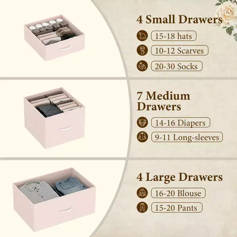 Cassettiera in tessuto alta 122 cm con 15 cassetti e struttura in acciaio e piano in legno, comò robusto per camera da letto, armadio, corridoio, soggiorno