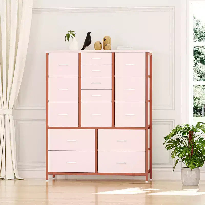 Cassettiera in tessuto alta 122 cm con 15 cassetti e struttura in acciaio e piano in legno, comò robusto per camera da letto, armadio, corridoio, soggiorno