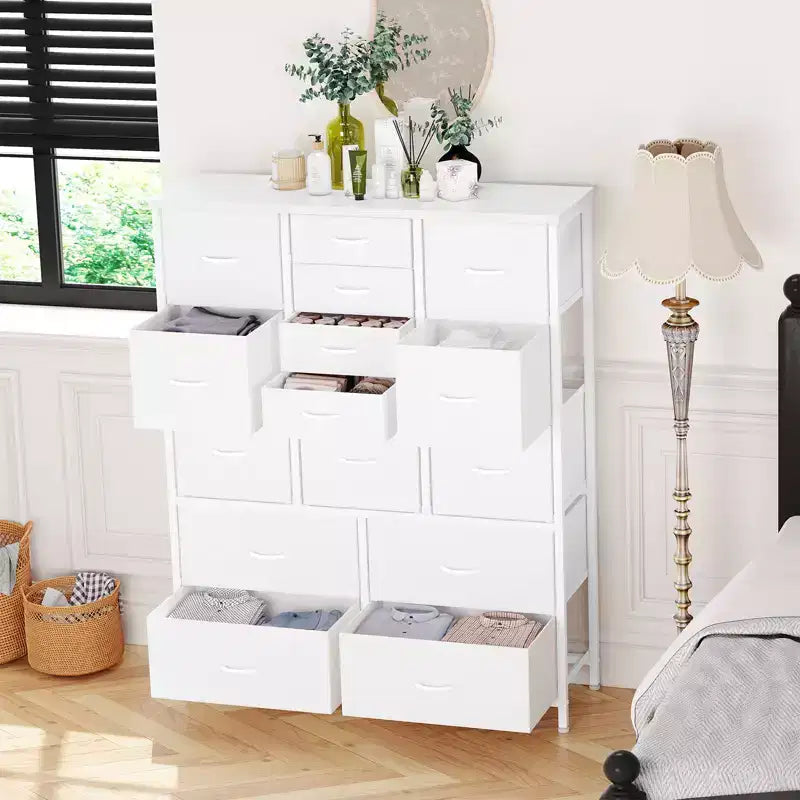 Cassettiera in tessuto alta 122 cm con 15 cassetti e struttura in acciaio e piano in legno, comò robusto per camera da letto, armadio, corridoio, soggiorno