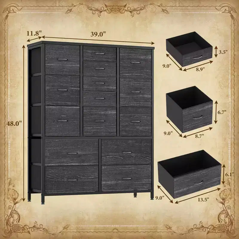 Cassettiera in tessuto alta 122 cm con 15 cassetti e struttura in acciaio e piano in legno, comò robusto per camera da letto, armadio, corridoio, soggiorno