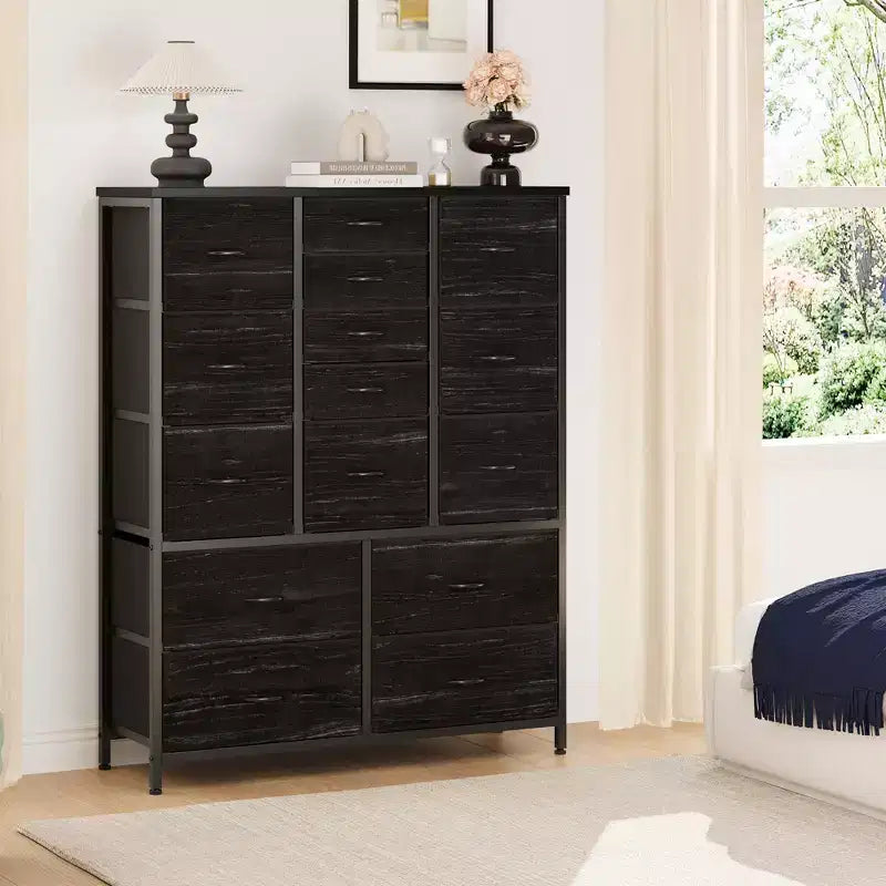 Cassettiera in tessuto alta 122 cm con 15 cassetti e struttura in acciaio e piano in legno, comò robusto per camera da letto, armadio, corridoio, soggiorno