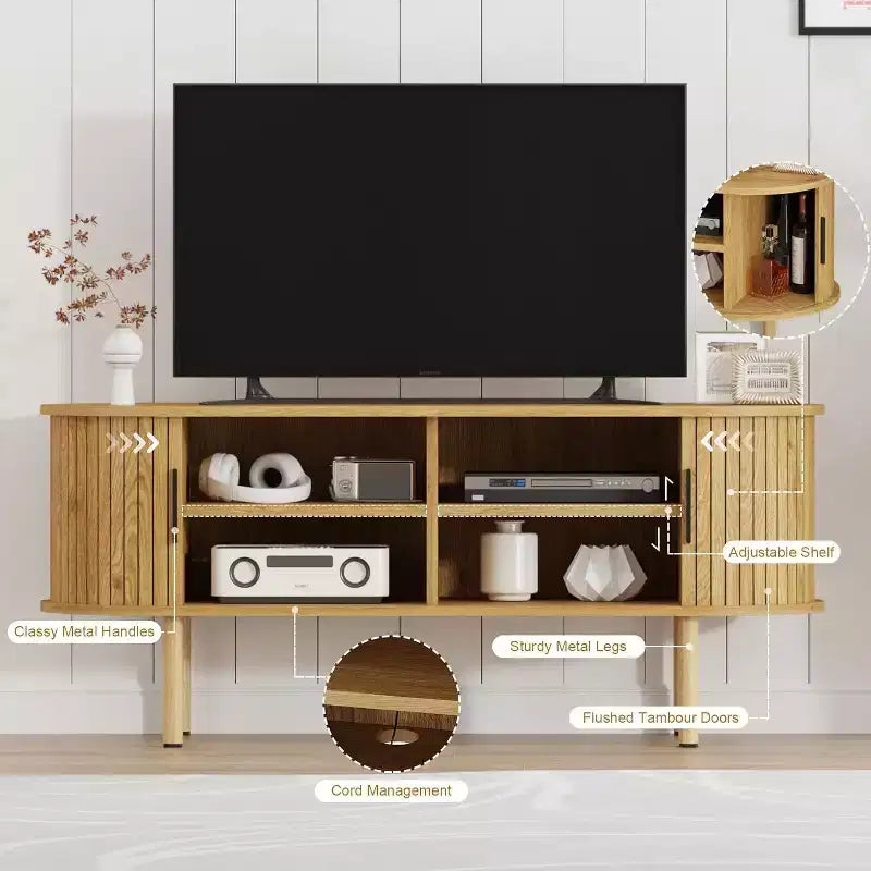 Mobile TV moderno con ante scorrevoli, credenza multimediale in legno con ripiani regolabili per soggiorno