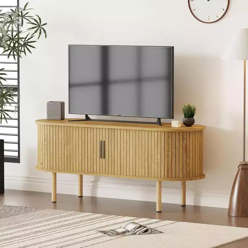 Mobile TV moderno con ante scorrevoli, credenza multimediale in legno con ripiani regolabili per soggiorno