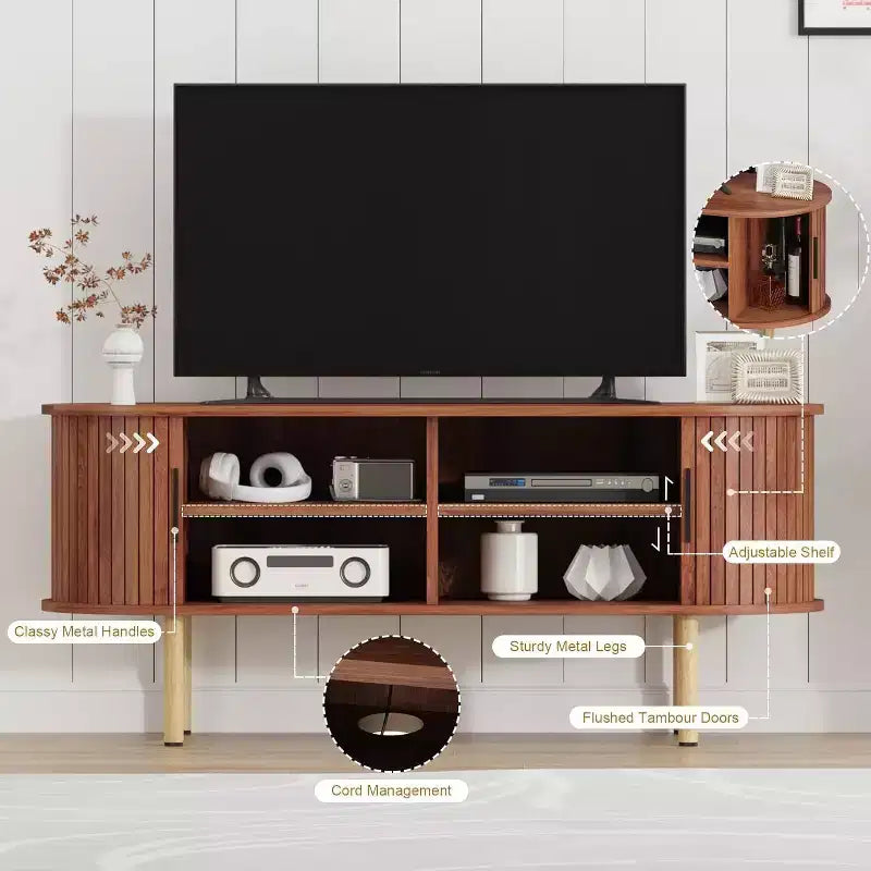 Modern TV Stand with Sliding Doors, Wood Media Console Entertainment Center with Adjustable Shelves for Living Room Storage