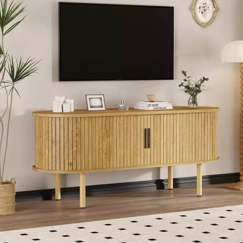 Modern TV Stand with Sliding Doors, Wood Media Console Entertainment Center with Adjustable Shelves for Living Room Storage