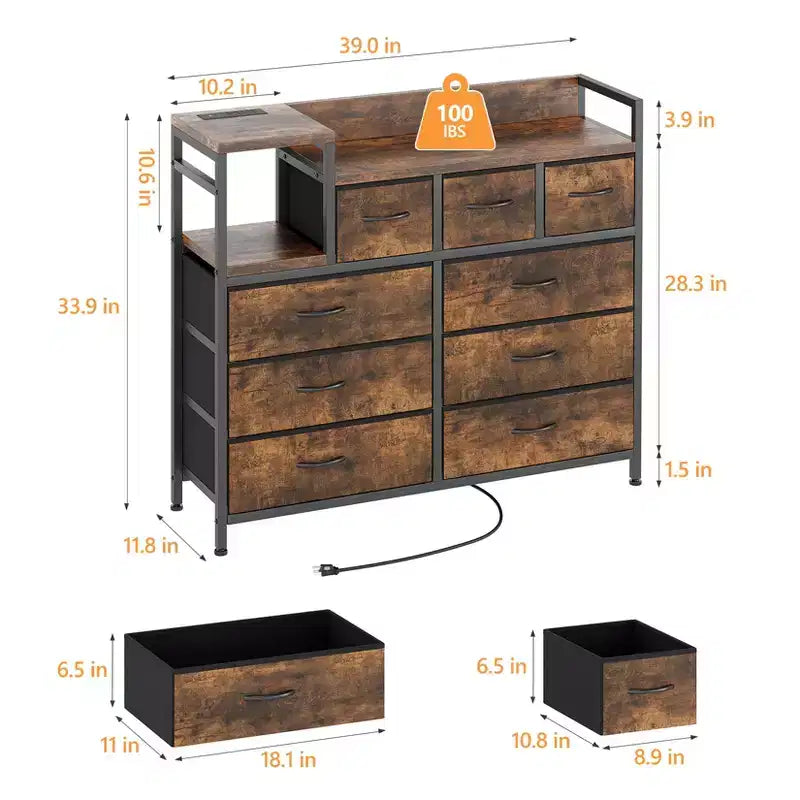 39Metal Fabric Farmhouse 9 Drawer Dresser for Bedroom, Closet, Living Room, Apartment,