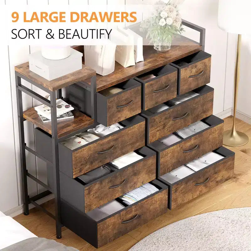 39Metal Fabric Farmhouse 9 Drawer Dresser for Bedroom, Closet, Living Room, Apartment,