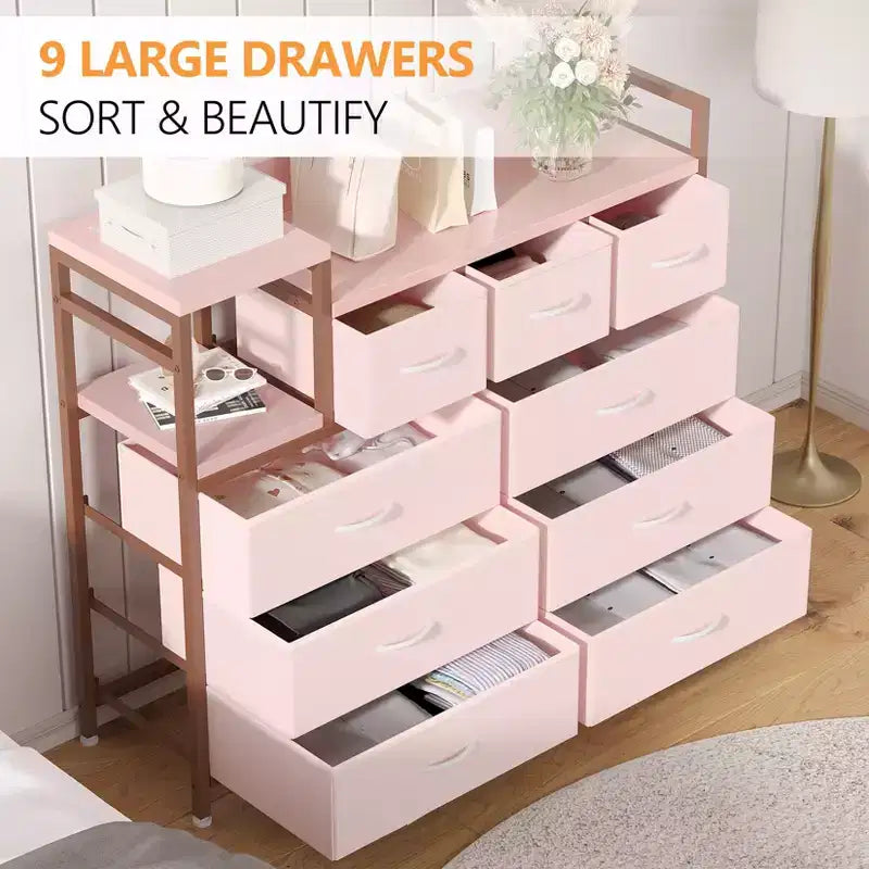 39Metal Fabric Farmhouse 9 Drawer Dresser for Bedroom, Closet, Living Room, Apartment,