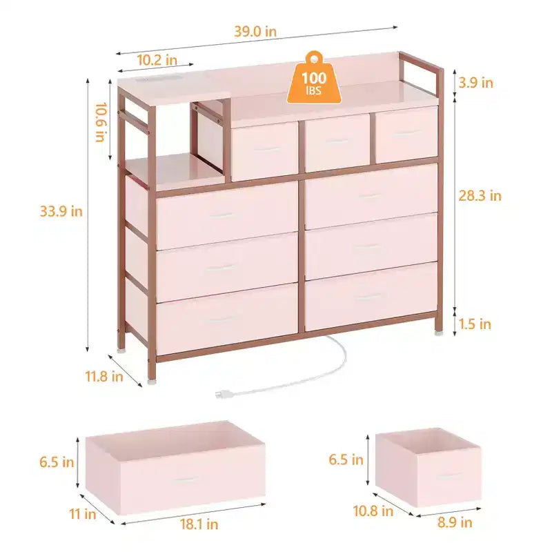 39Metal Fabric Farmhouse 9 Drawer Dresser for Bedroom, Closet, Living Room, Apartment,