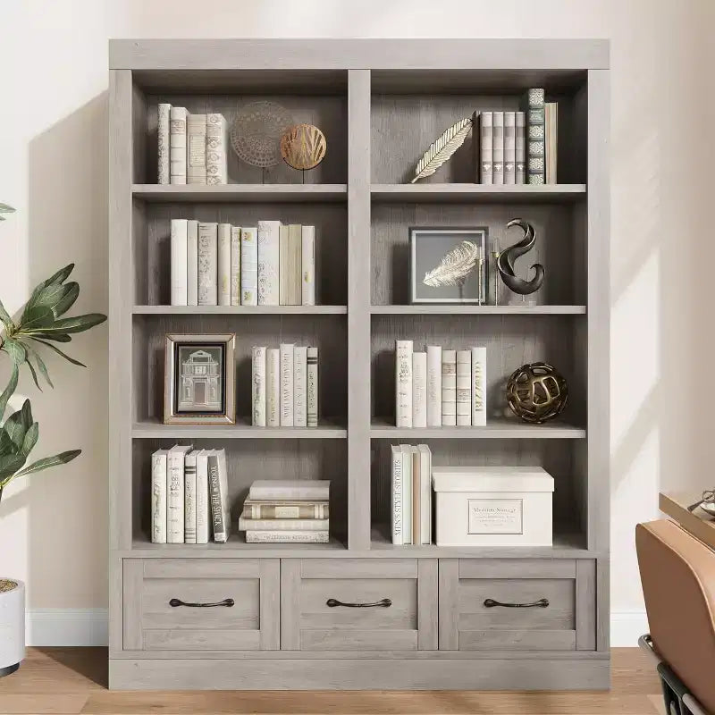 Scaffale alto in legno da 64 pollici con 3 cassetti e 4 ripiani aperti. Grande libreria per studio, ufficio e soggiorno