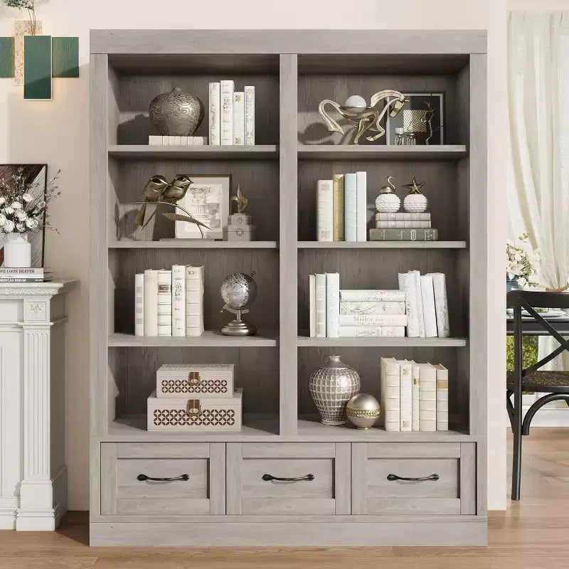 Scaffale alto in legno da 64 pollici con 3 cassetti e 4 ripiani aperti. Grande libreria per studio, ufficio e soggiorno