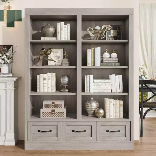 Bibliothèque haute en bois de 162 cm avec 3 tiroirs de rangement et 4 étagères ouvertes – Grande bibliothèque pour salon, bureau et séjour