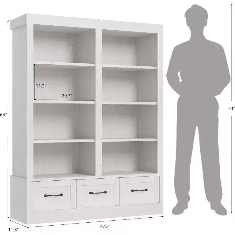 64 Tall Wooden Bookshelf with 3 Storage Drawers & 4-Tier Open Shelves  Large Bookcase for Library, Office & Living Room
