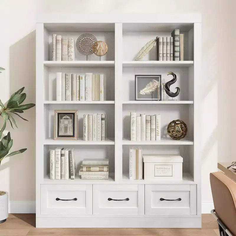 64 Tall Wooden Bookshelf with 3 Storage Drawers & 4-Tier Open Shelves  Large Bookcase for Library, Office & Living Room