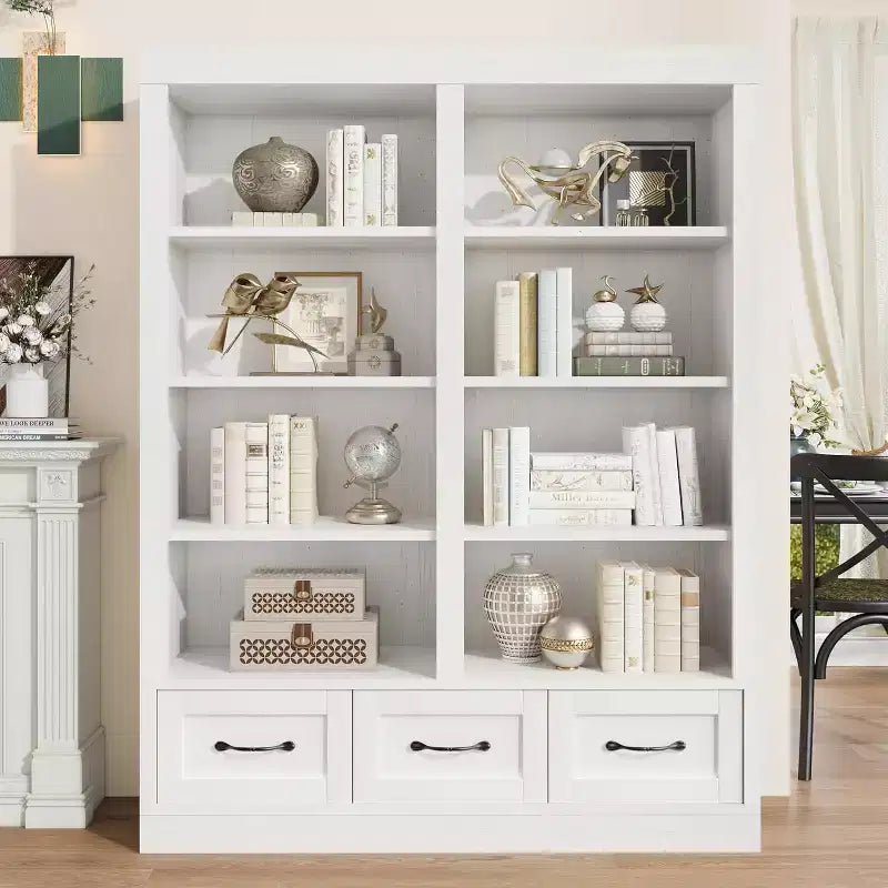 64 Tall Wooden Bookshelf with 3 Storage Drawers & 4-Tier Open Shelves  Large Bookcase for Library, Office & Living Room