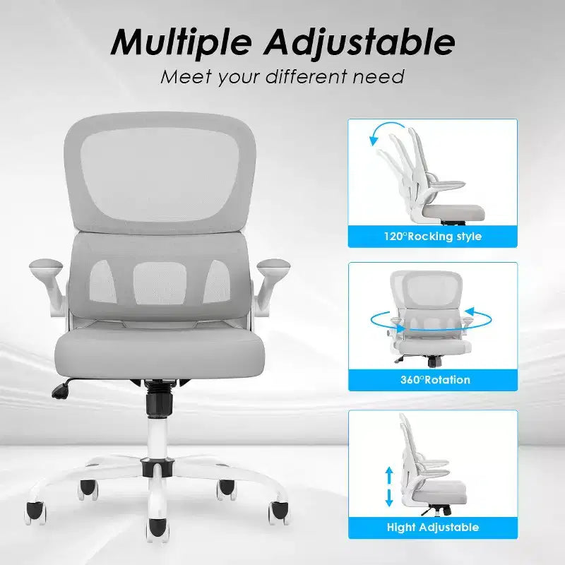 Sedia da ufficio ergonomica in rete, sedia da computer con supporto lombare e bracciolo ribaltabile, sedia comoda con ruote per studio, ufficio, casa