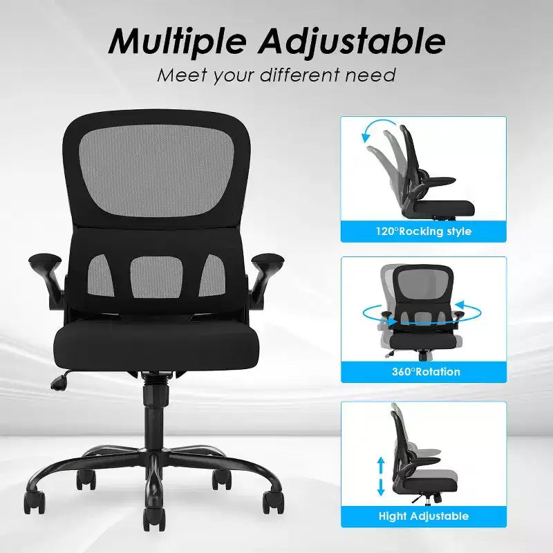 Sedia da ufficio ergonomica in rete, sedia da computer con supporto lombare e bracciolo ribaltabile, sedia comoda con ruote per studio, ufficio, casa