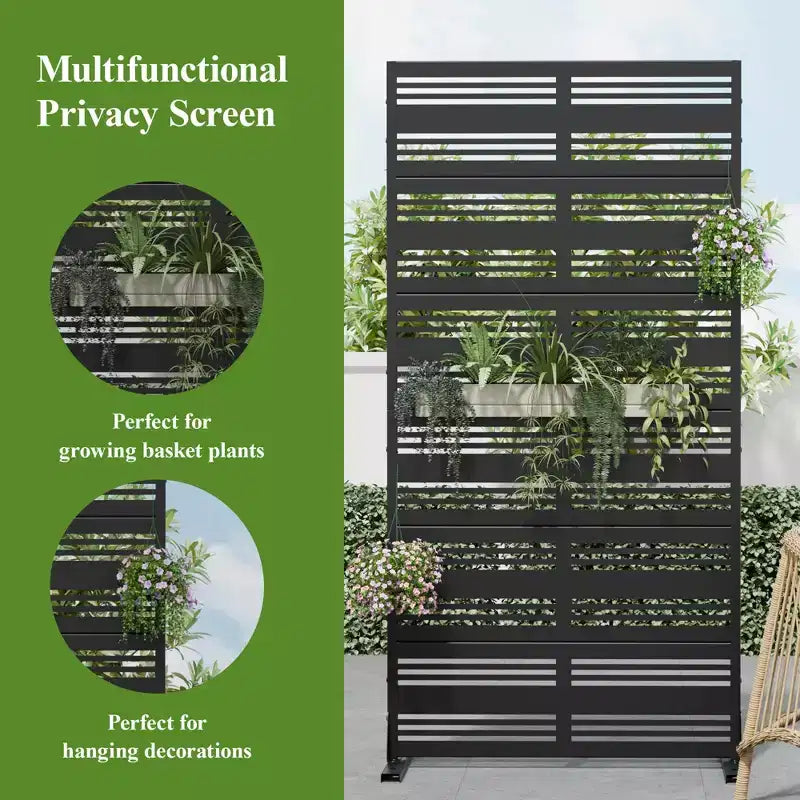 Divisorio Paravento Decorativo Nero in Acciaio Zincato con Lamelle Strette e Larghe, da Esterno e Interno, con Base Autoportante per la Privacy