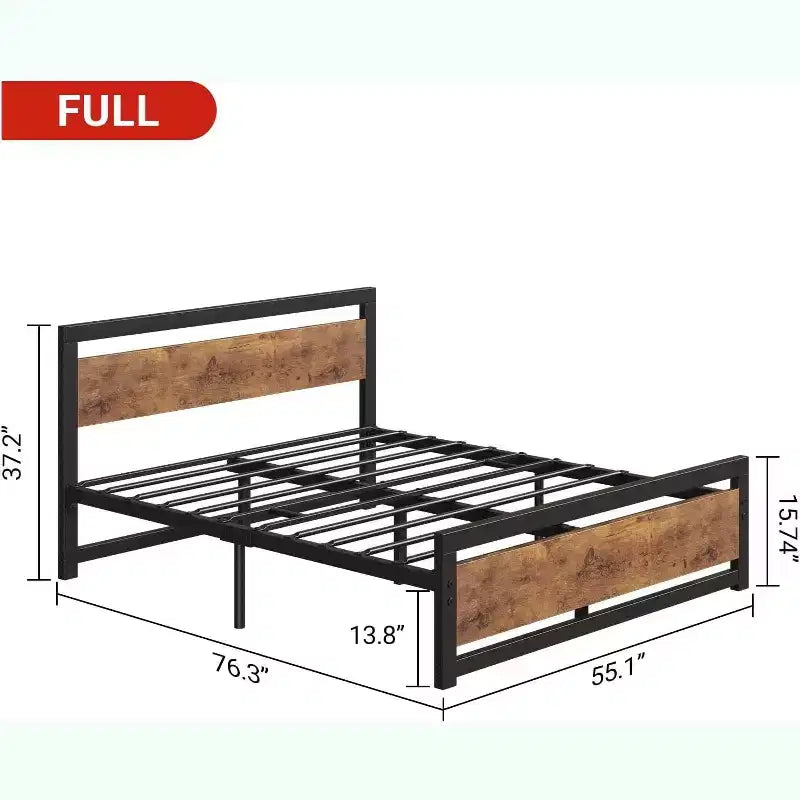 Struttura Letto Vintage Industriale con Testiera in Legno Rustico, 14 Spazi Contenitori Sotto il Letto, Nessuna Rete a Molle Necessaria, Facile da Montare