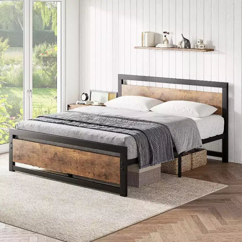 Struttura Letto Vintage Industriale con Testiera in Legno Rustico, 14 Spazi Contenitori Sotto il Letto, Nessuna Rete a Molle Necessaria, Facile da Montare