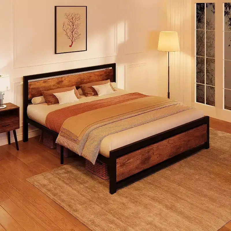Struttura Letto Vintage Industriale con Testiera in Legno Rustico, 14 Spazi Contenitori Sotto il Letto, Nessuna Rete a Molle Necessaria, Facile da Montare