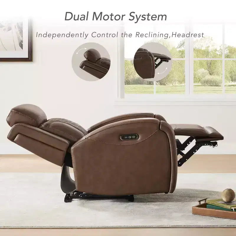 Leather Dual Motor Power Lay Flat Recliner with Power Headrest