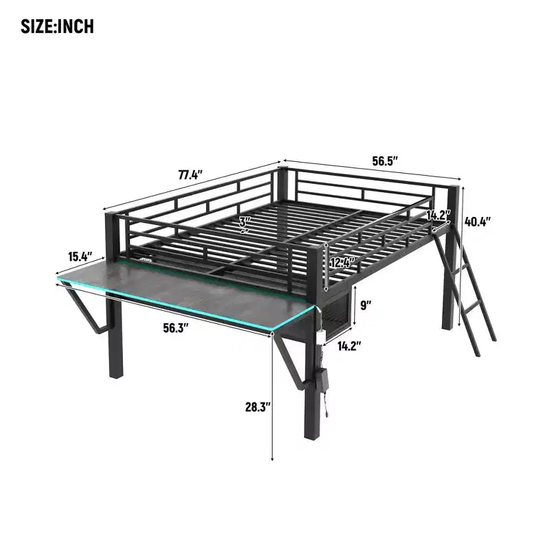 Full Size Metal Loft Bed with Desk and LED Lights, Gaming Loft Bed Frame with Storage, Black