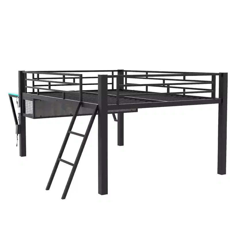 Full Size Metal Loft Bed with Desk and LED Lights, Gaming Loft Bed Frame with Storage, Black