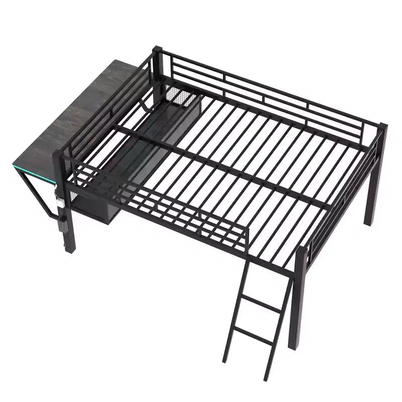 Full Size Metal Loft Bed with Desk and LED Lights, Gaming Loft Bed Frame with Storage, Black