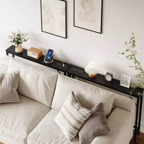 5.9 Tavolino da Divano Stretto con Prese, Tavolino Console Sottile con Spazio Contenitore, Tavolino Stretto Dietro il Divano per Soggiorno, Ingresso, Corridoio, Foyer - Nero