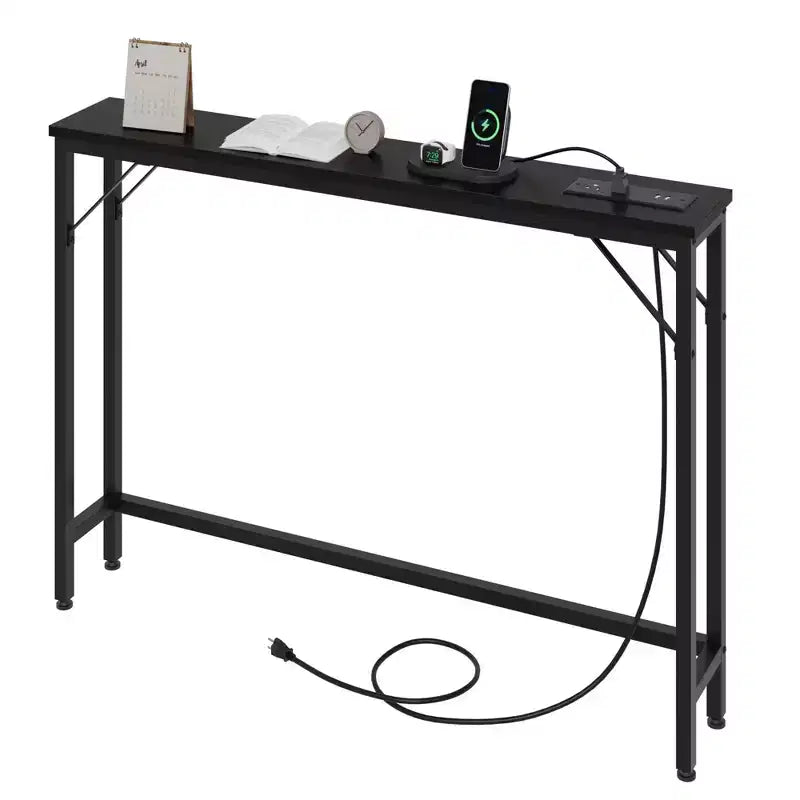 5.9 Narrow Sofa Table with Outlets, Skinny Console Table with Storage, Slim Behind Couch Table for Living Room, Entryway, Hallway, Foyer - Black