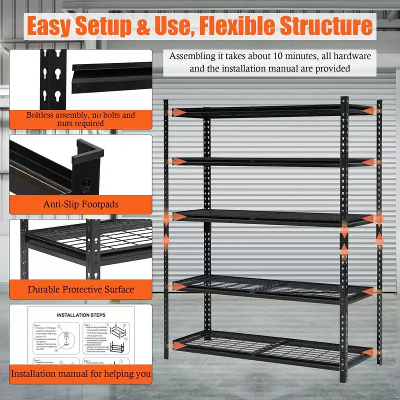 Scaffalatura a 5 Ripiani Regolabili, Carico 900 kg, Scaffale in Filo Metallico Resistente per Garage, Scaffali e Ripiani in Metallo per Magazzino, Scaffali per Garage H 183 cm per Cantina