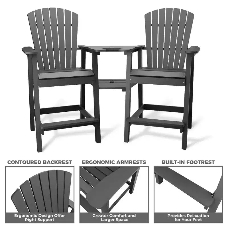 GustoWave Set di 2 Sedie Adirondack Alte, Sgabelli Alti in HDPE con Doppio Vassoio Connettore, Sedia Adirondack per 2 Persone Altezza Bar, Resistente a Tutte le Intemperie