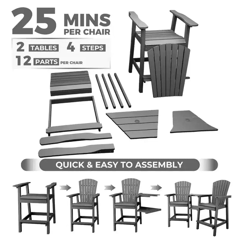 GustoWave Set di 2 Sedie Adirondack Alte, Sgabelli Alti in HDPE con Doppio Vassoio Connettore, Sedia Adirondack per 2 Persone Altezza Bar, Resistente a Tutte le Intemperie