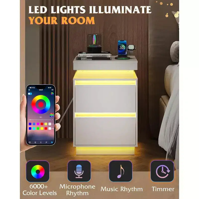 Comodino con luce LED e stazione di ricarica - 2 cassetti in legno e piano scorrevole, comodino moderno per camera da letto, soggiorno
