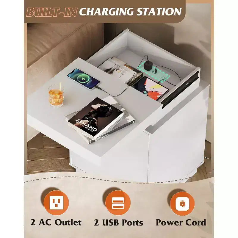 Comodino con luce LED e stazione di ricarica - 2 cassetti in legno e piano scorrevole, comodino moderno per camera da letto, soggiorno