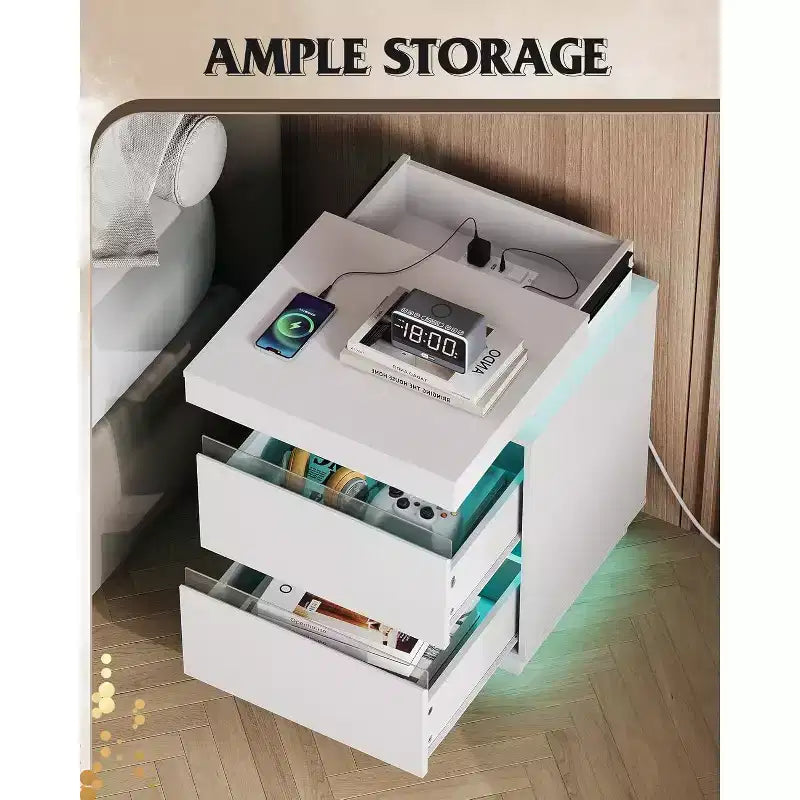 Comodino con luce LED e stazione di ricarica - 2 cassetti in legno e piano scorrevole, comodino moderno per camera da letto, soggiorno