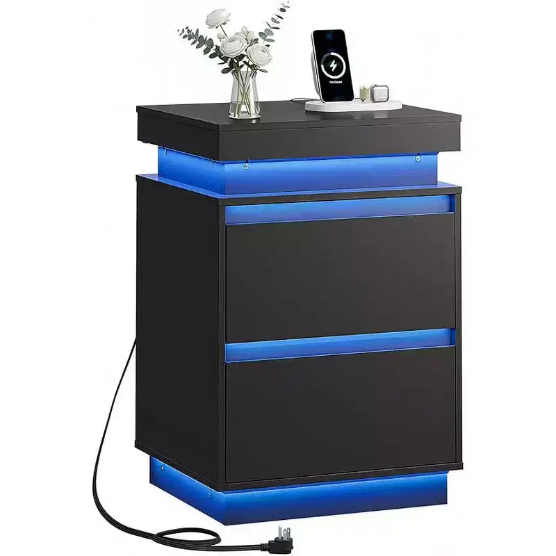 Comodino con luce LED e stazione di ricarica - 2 cassetti in legno e piano scorrevole, comodino moderno per camera da letto, soggiorno