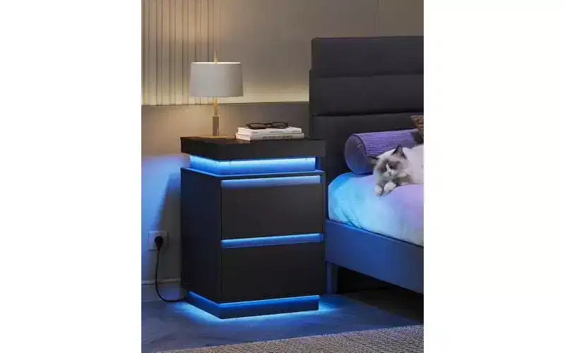 Comodino con luce LED e stazione di ricarica - 2 cassetti in legno e piano scorrevole, comodino moderno per camera da letto, soggiorno