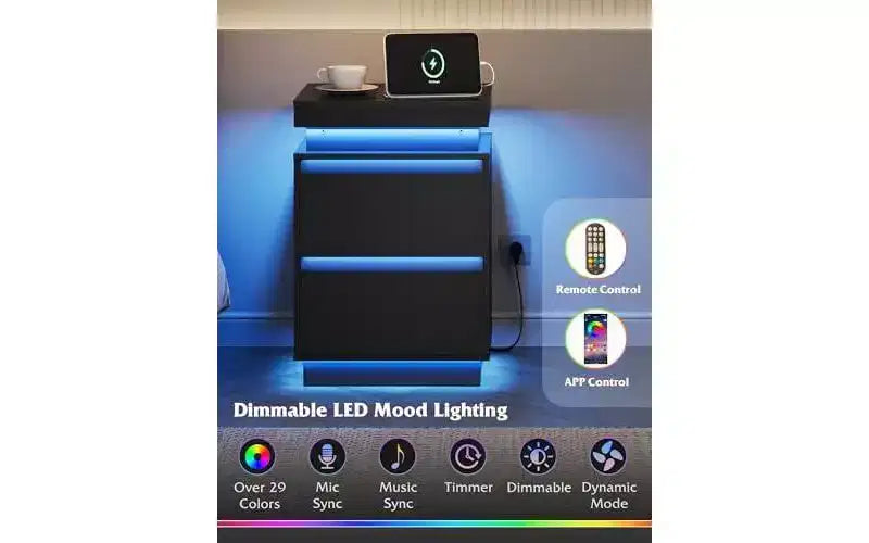 Comodino con luce LED e stazione di ricarica - 2 cassetti in legno e piano scorrevole, comodino moderno per camera da letto, soggiorno