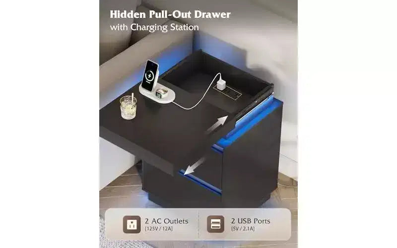 Comodino con luce LED e stazione di ricarica - 2 cassetti in legno e piano scorrevole, comodino moderno per camera da letto, soggiorno