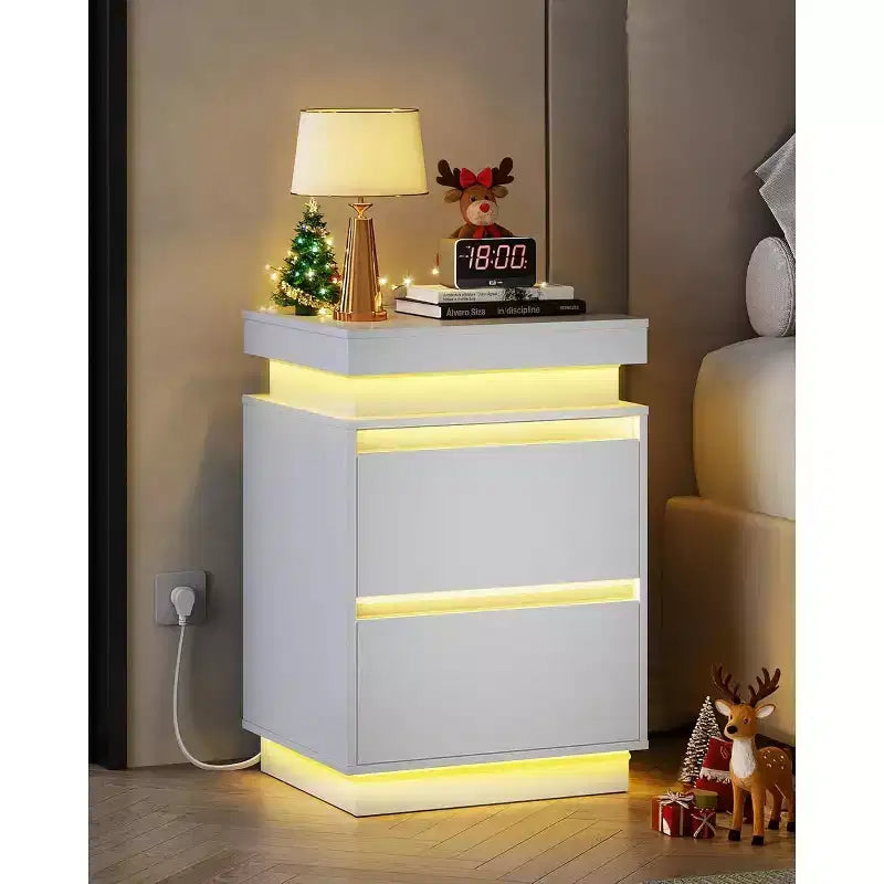Comodino con luce LED e stazione di ricarica - 2 cassetti in legno e piano scorrevole, comodino moderno per camera da letto, soggiorno