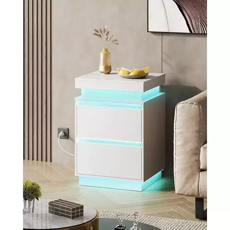 LED Light Nightstand with Charging Station - 2 Wooden Drawers & Sliding Top, Modern Bedside End Table for Bedroom, Living Room