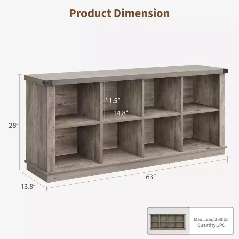 Libreria con 8 cubi contenitori, libreria orizzontale in stile rustico, libreria in legno da 62 pollici per ingresso, libreria lunga e corta