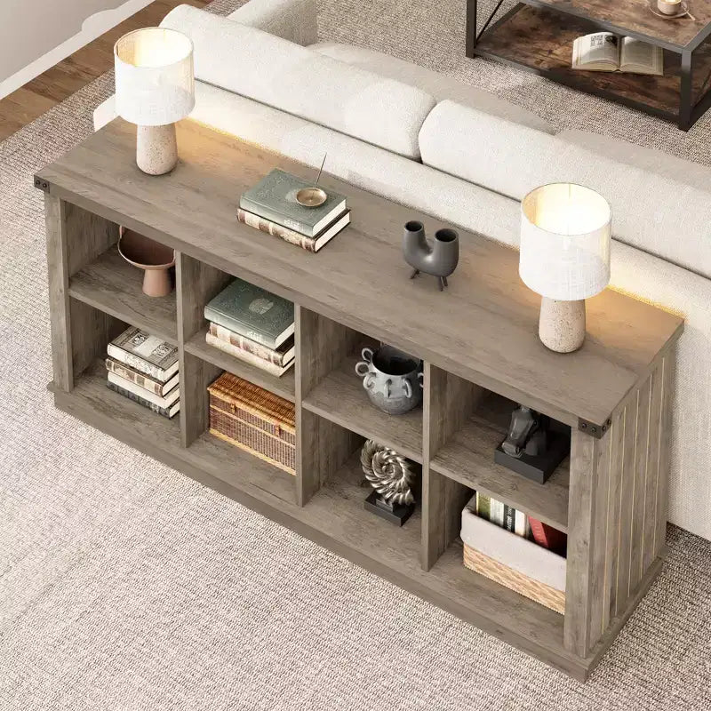 8 Cube Storage Organizer Bookshelf, Farmhouse Style Horizontal Bookcase, 62-inch Wooden Storage Bookcase for Entryway, Long and Short Bookshelf