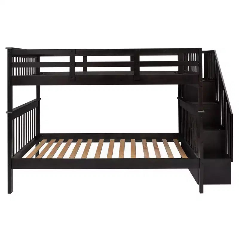 Full over Full Bunk Beds with Stairs, Wooden Full Stairway Bunk Bed with Storage & Guard Rail for Dorm